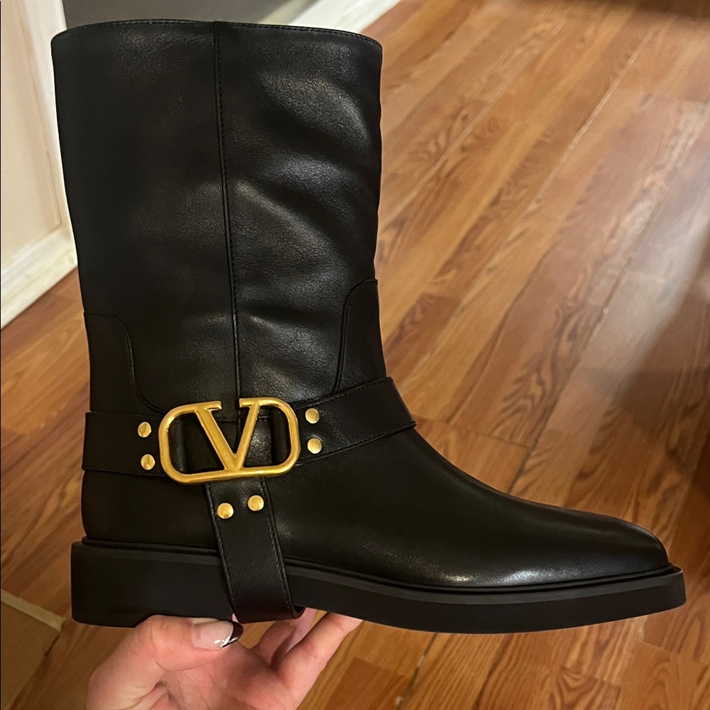 Valentino Garavani Black Ankle Boots with Gold Accent